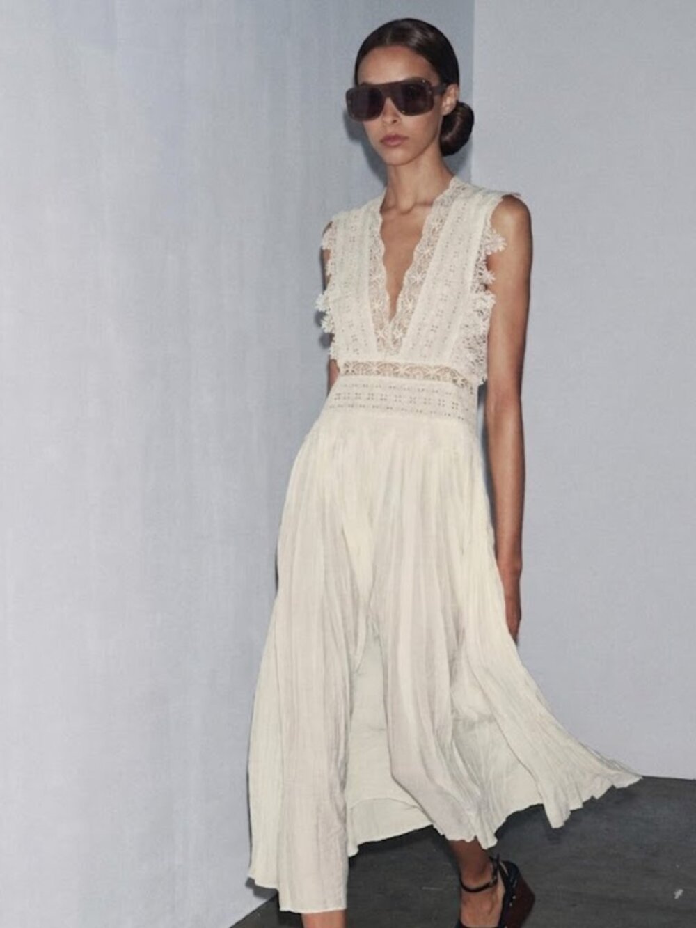 ZARA ZW Collection Ecru Strappy Lace Midi Dress Sz M Bloggers Fave 6895/249 NWT